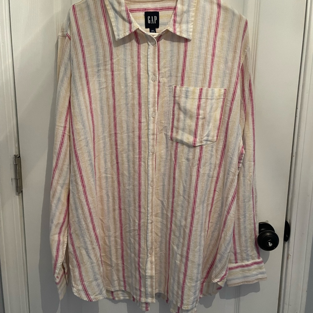 🧡5 for 🧡$25 Linen Oversized Multi-colored Striped Button Up Beachy Shirt